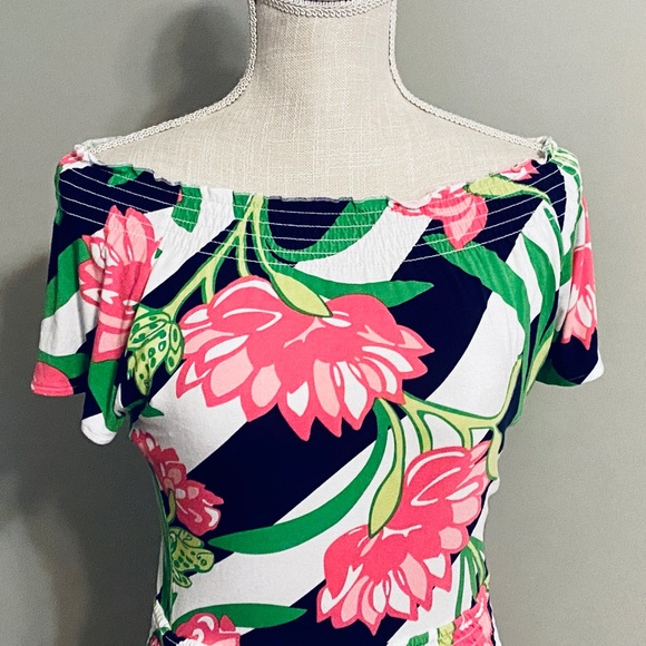 Lilly Pulitzer Dress Knit Stretch Off or On Shoulder Lotus Floral Navy Pink - Picture 2 of 10